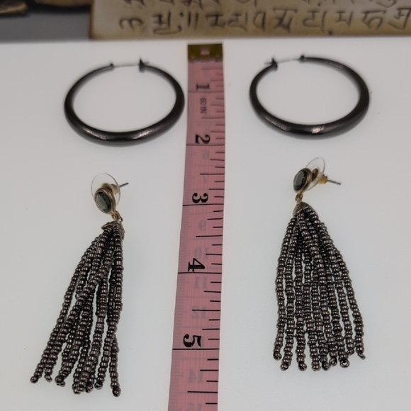 Chic Gunmetal Earring Duo: Classic Hoops & Statement Tassels | Versatile Set - Picture 4 of 4